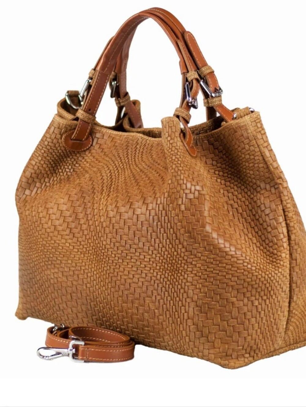 Woven Tote Leather Handbag in Tan -Classic Women’s Shoulder Bag Made In Italy